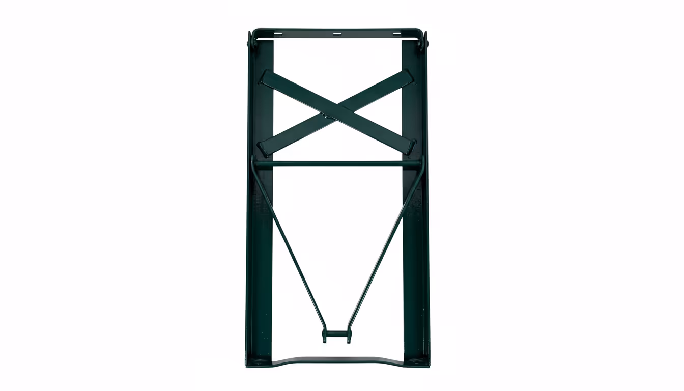 Black metal folding chair frame with crossed support bars and hinge mechanism.