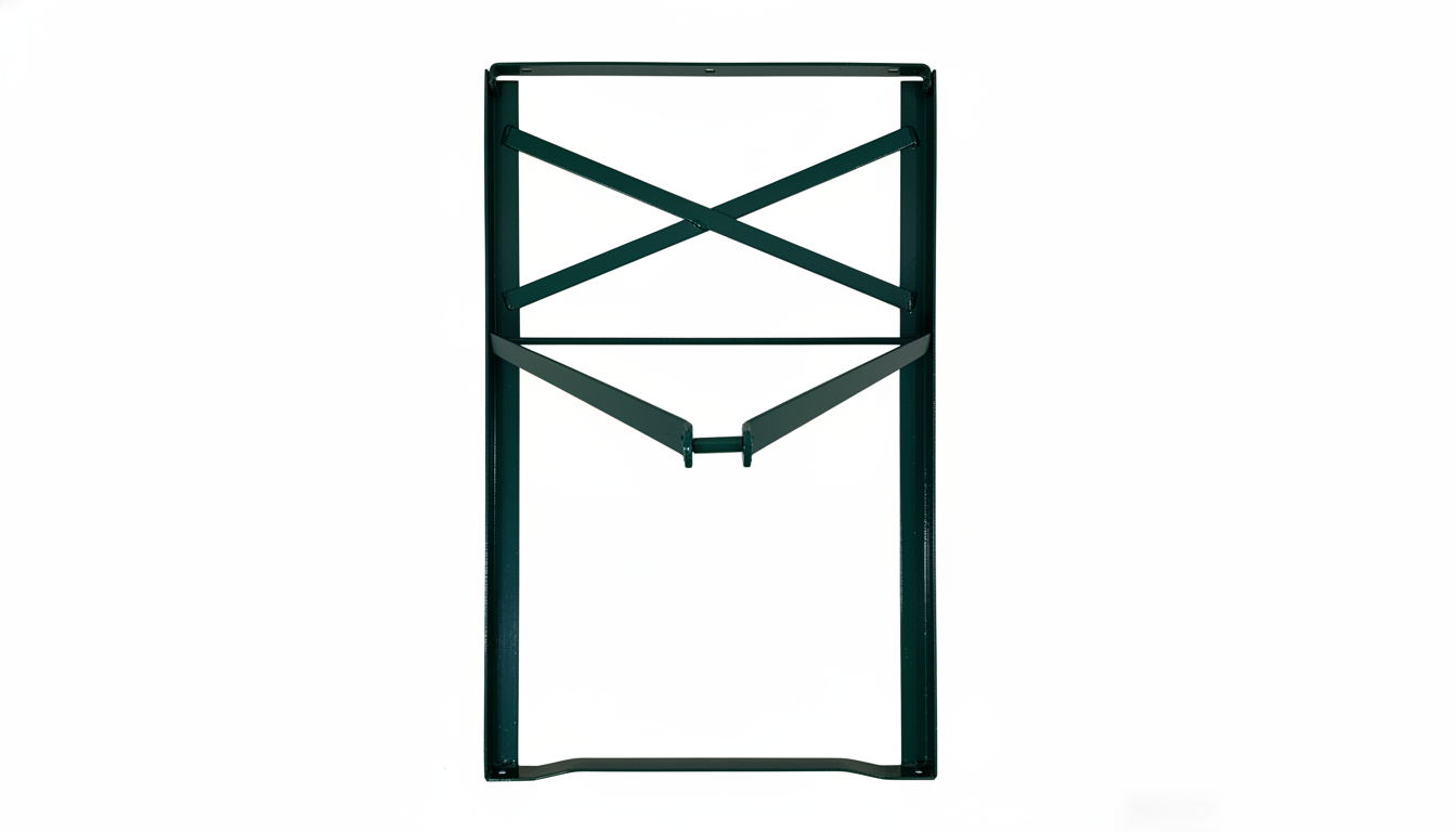 Black metal rectangular frame with diagonal and angled cross supports on a white background.