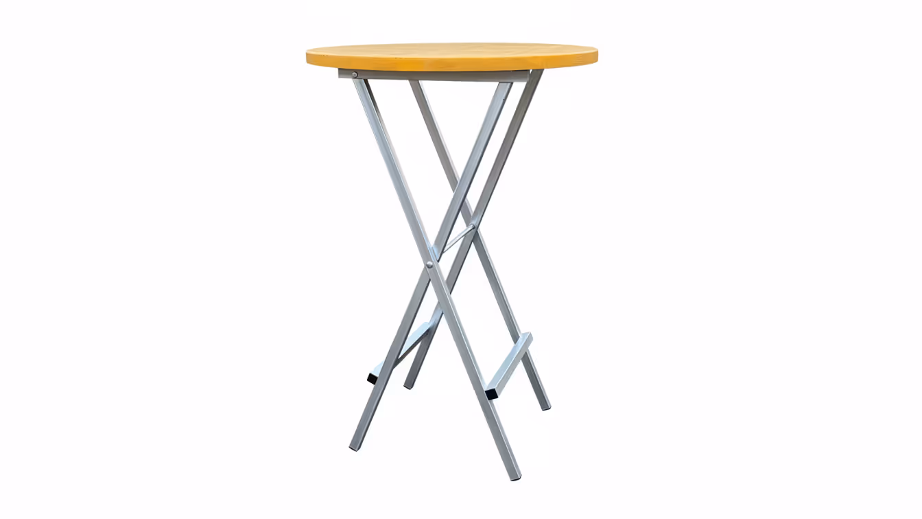 Foldable round table with a light brown wooden top and silver metal legs.