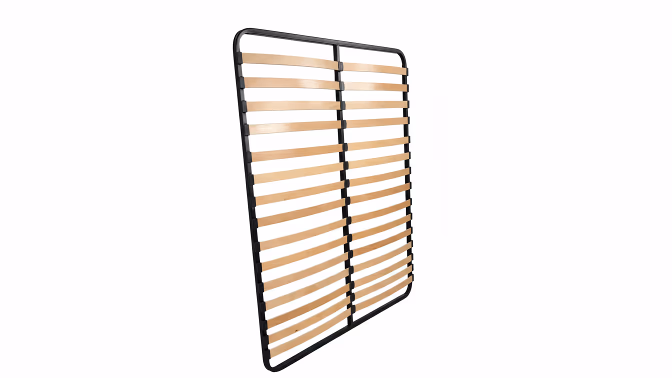 Wooden slat bed frame with black metal edges and evenly spaced slats.