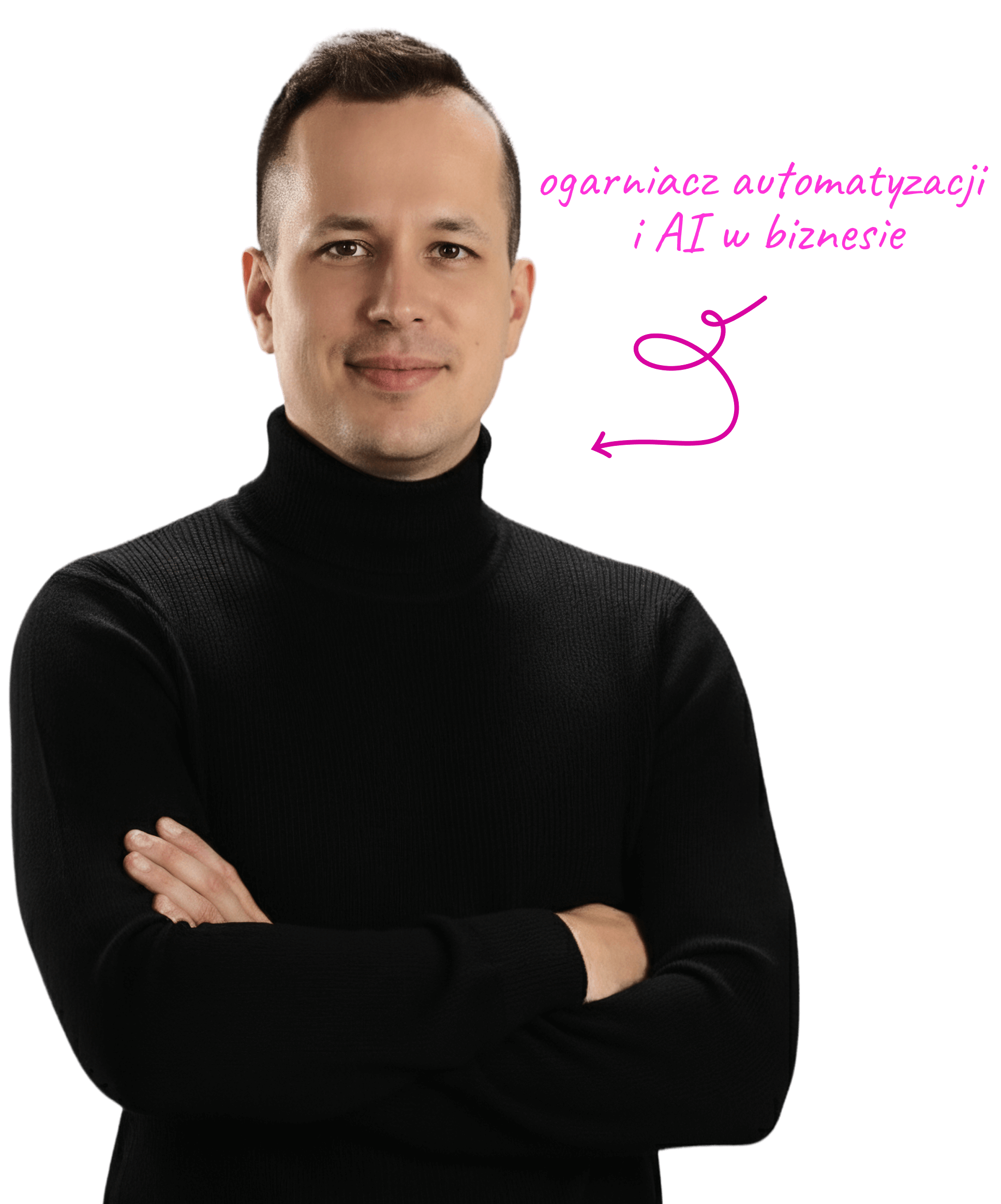 homepage about section obrazek przedstawiający Kubę Masztalskiego z dopiskiem Kuba Masztalski -  ogarniacz automatyzacji i AI w biznesie