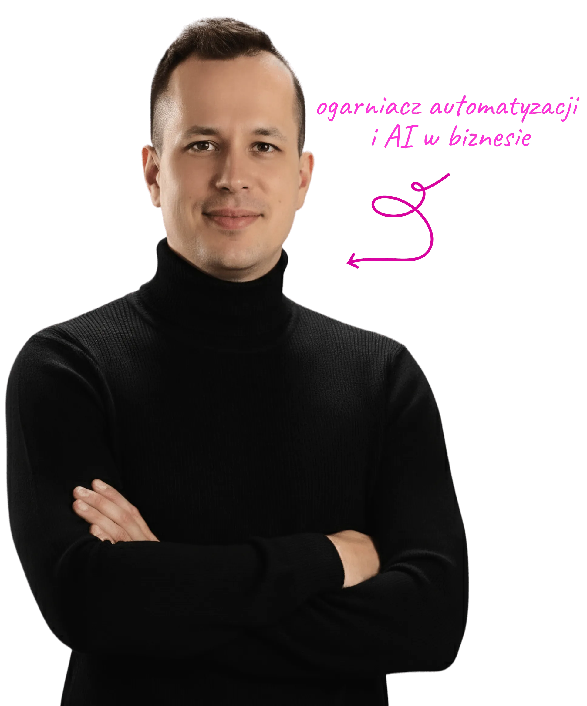 homepage about section obrazek przedstawiający Kubę Masztalskiego z dopiskiem Kuba Masztalski - ogarniacz automatyzacji i AI w biznesie