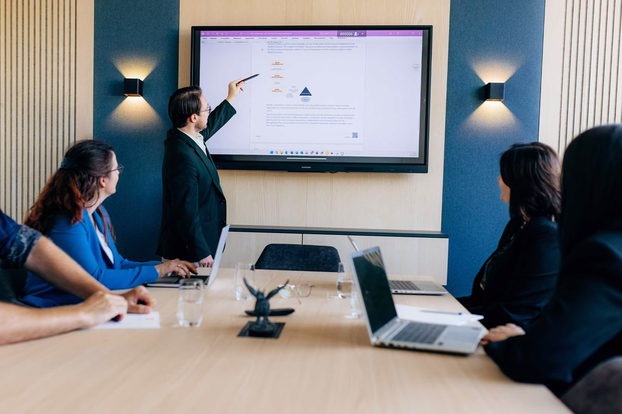 Griffin Group – Start-up und Unternehmensstrukturierung: Beratung im Konferenzraum, Präsentation zu Struktur- und Prozessplanung auf Bildschirm, Team mit Laptops.