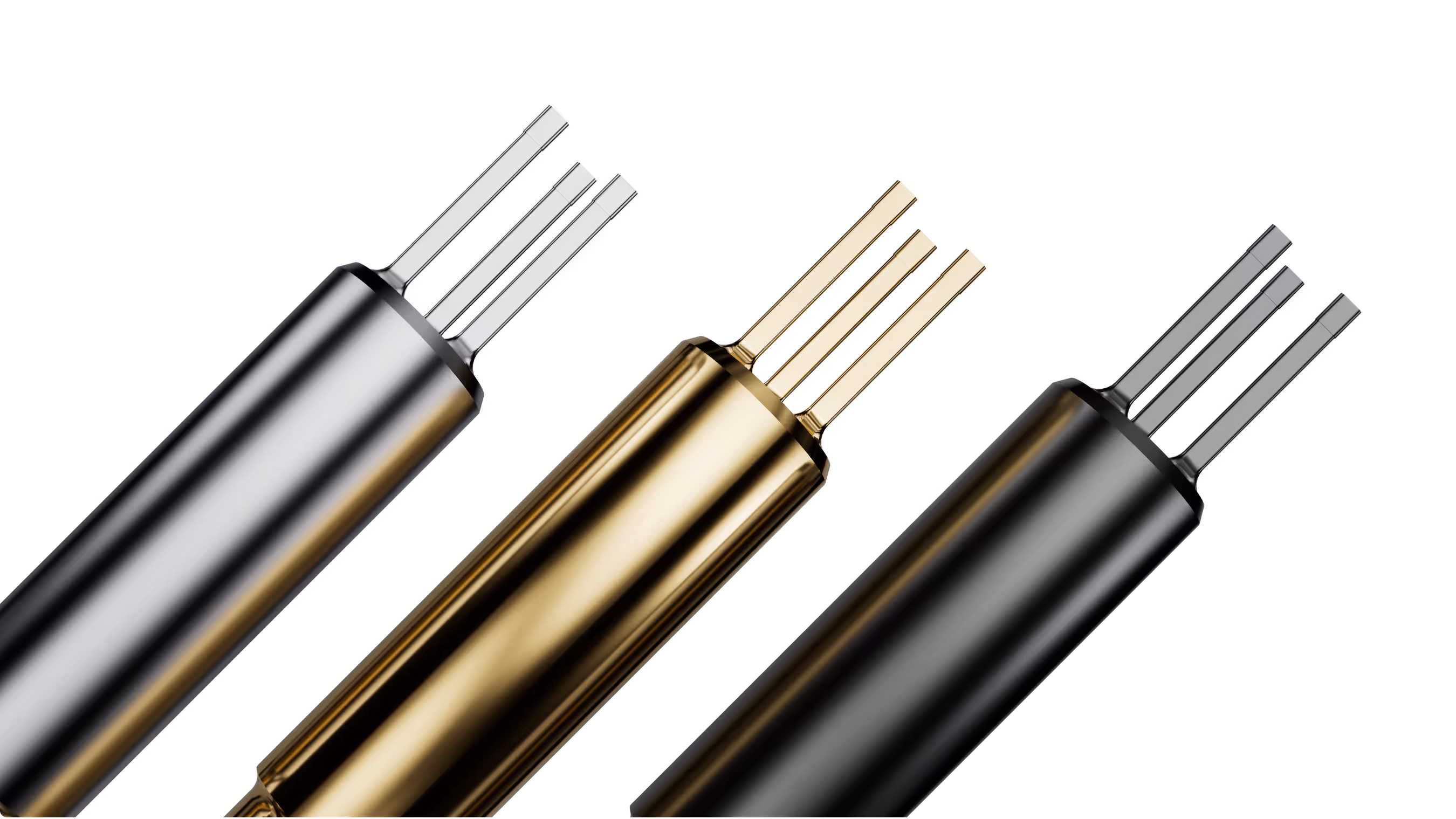 Close-up of three cylindrical metal connectors with three prongs each in silver, gold, and black against a black background.