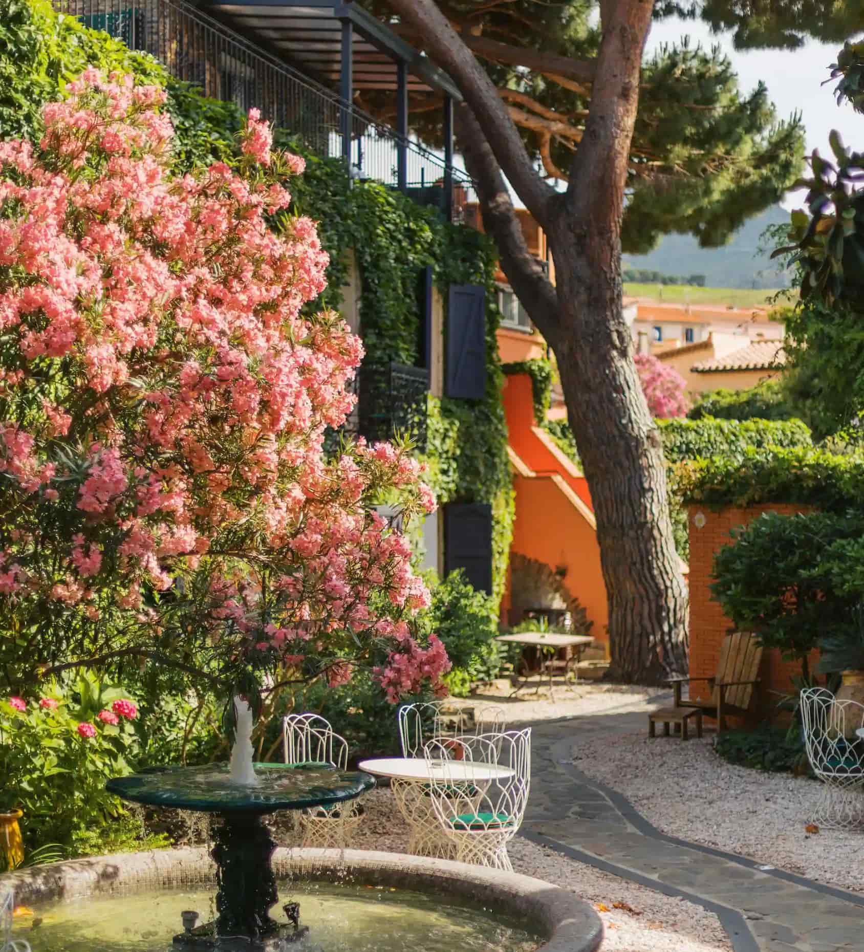 Outdoor patio with a stone fountain topped by pink flowering shrub, surrounded by white metal chairs and tables, leafy green plants climbing a building with dark shutters, and a large tree beside a pathway leading to an orange wall and garden chairs.