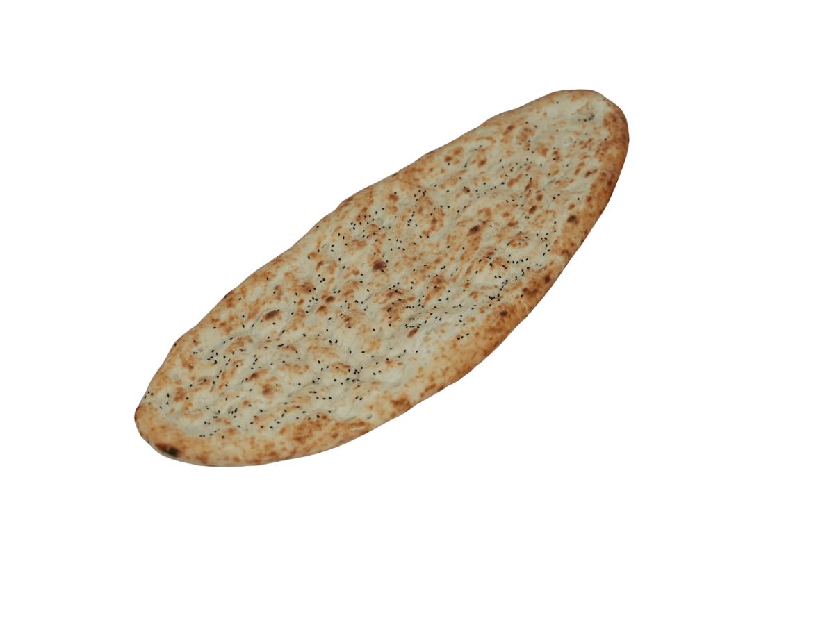Frisch gebackenes afghanisches Brot (Naan) mit Sesam und Schwarzkümmel, traditionell serviert bei Dough & More in München