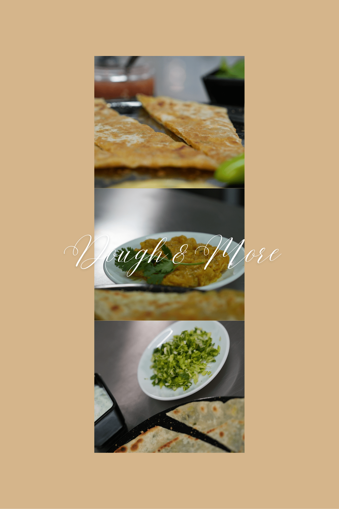 Food Collage mit afghanischem Bulani Fladenbrot, Daal, frischen Kräutern und dem Branding Dough & More – Afghanisches Restaurant in München