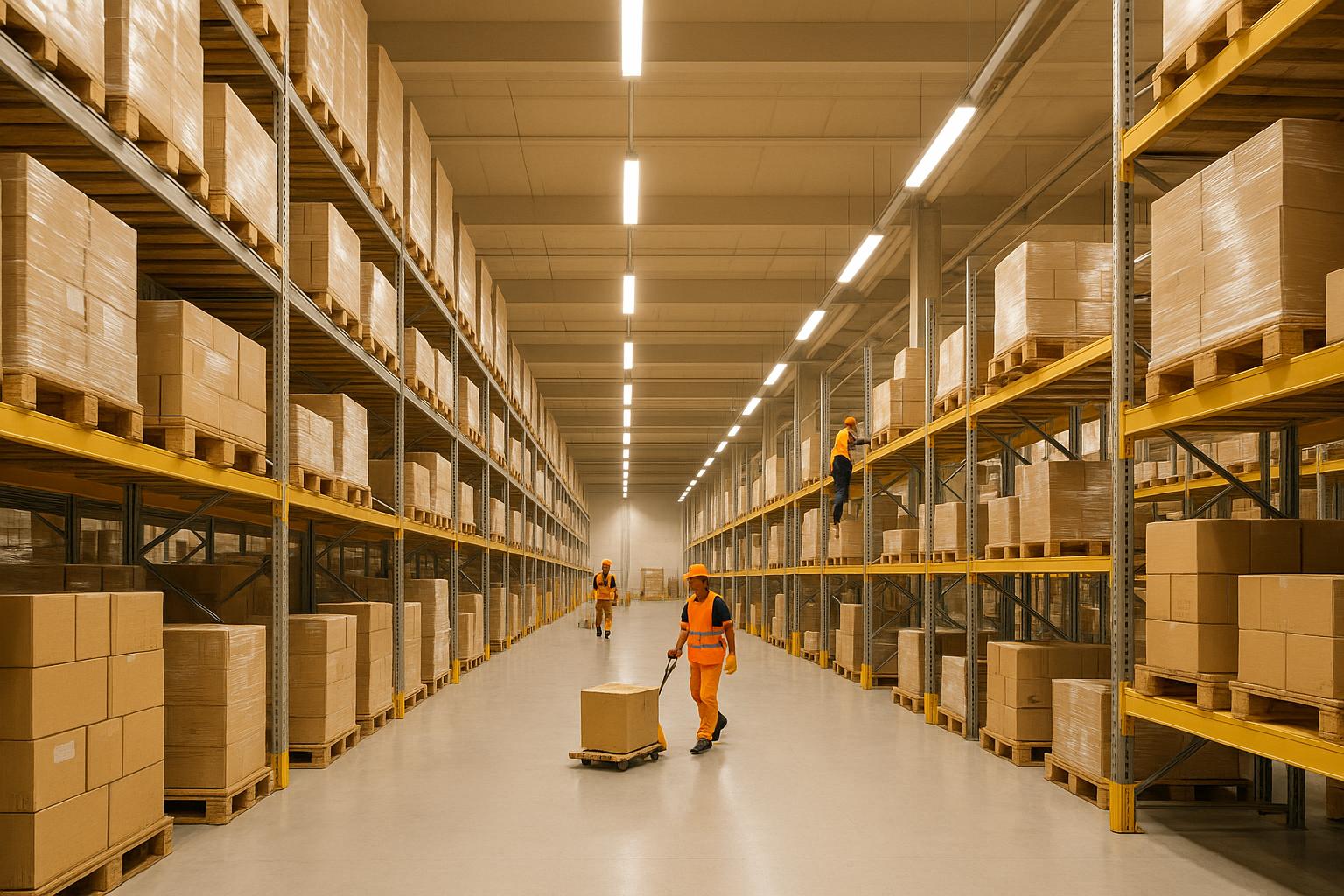 Workers in warehouse moving boxes on pallets between tall shelving units