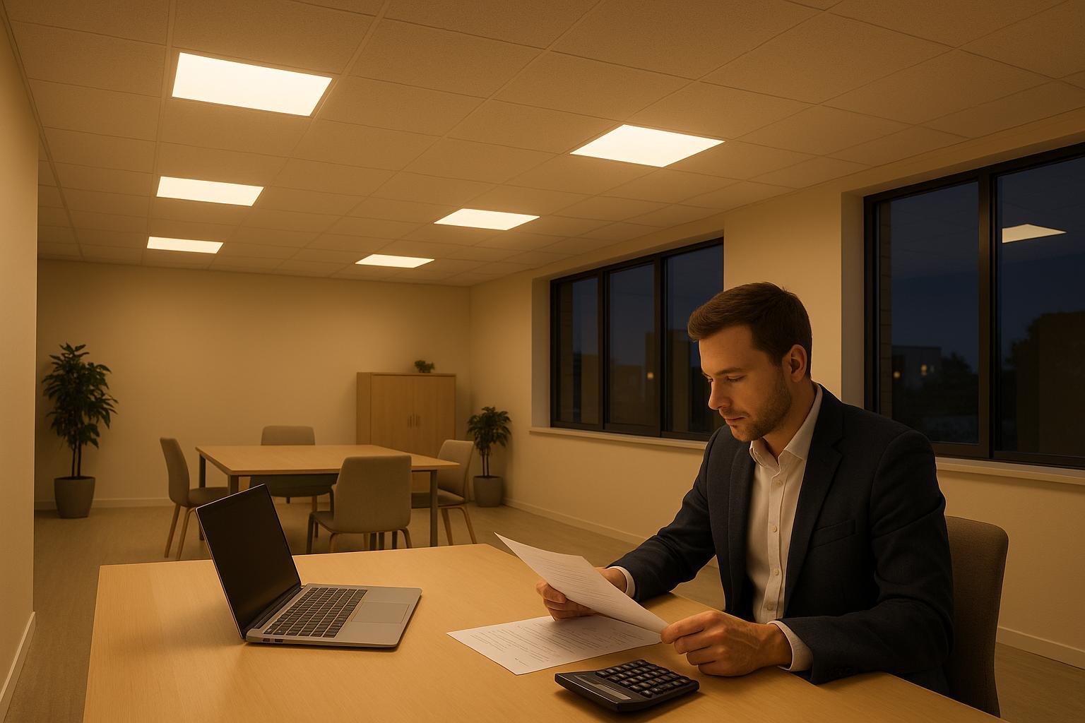 Professional reviewing document in office at night with laptop and calculator