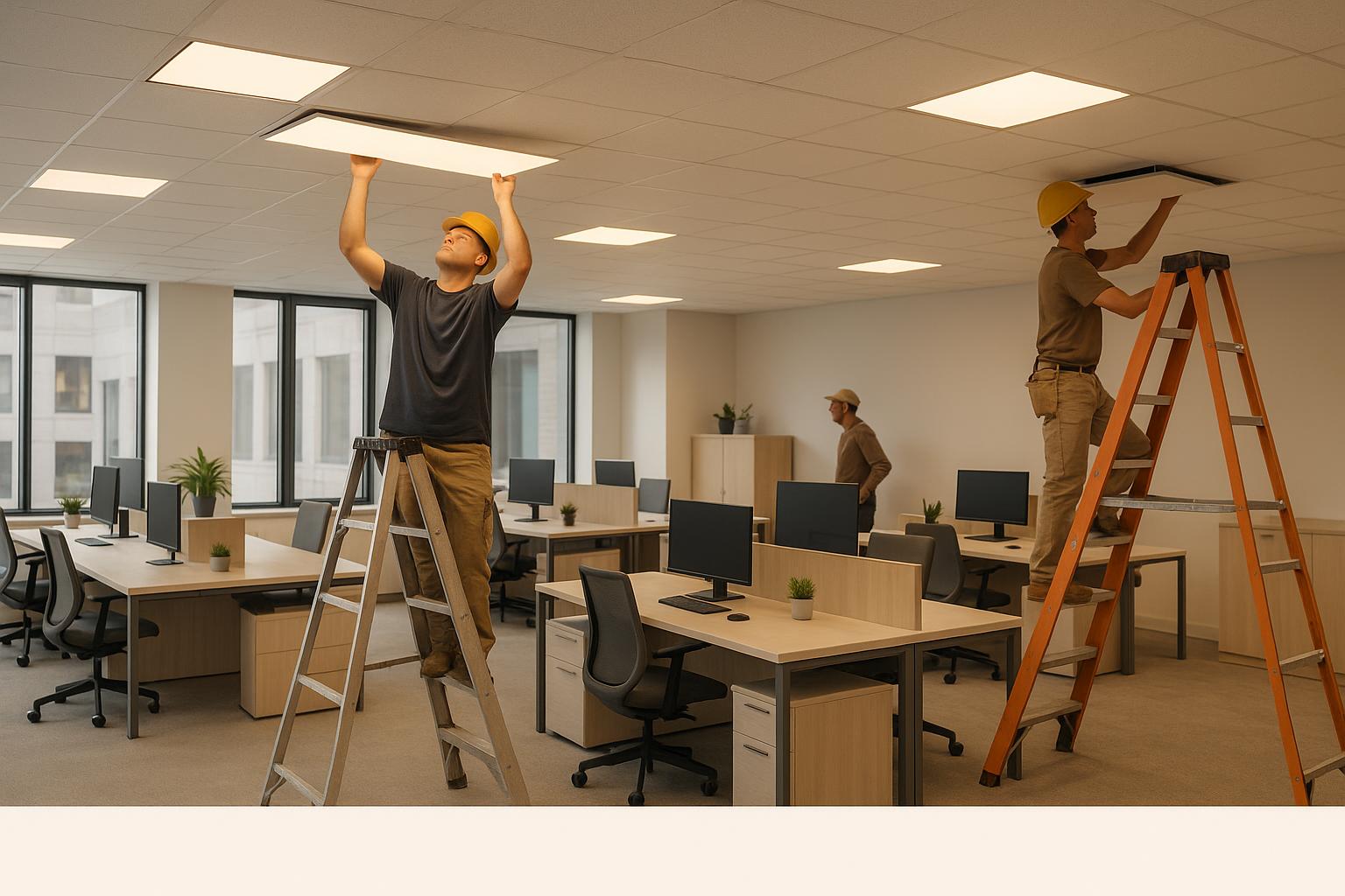 Workers installing ceiling lights in an empty modern office workspace