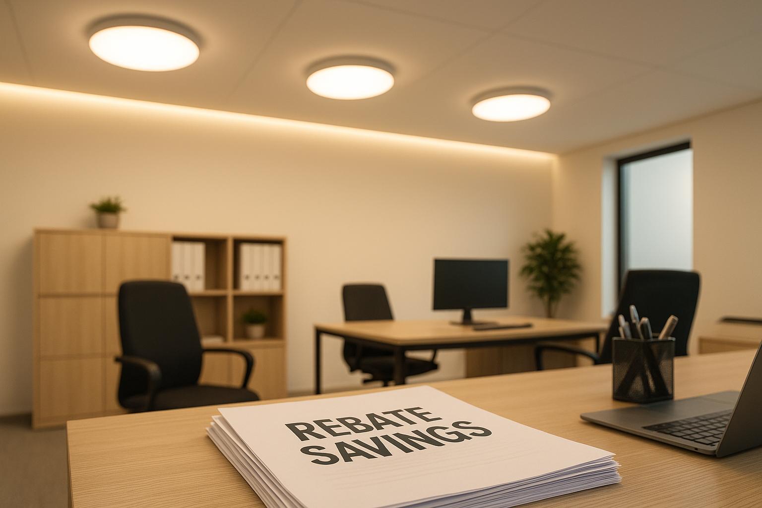Modern office workspace with rebate savings document and laptop