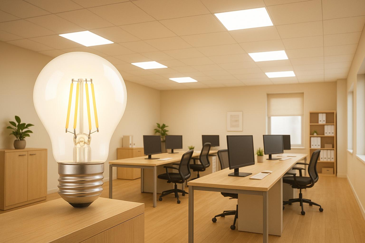 Large lightbulb in modern office workspace with computers and desks