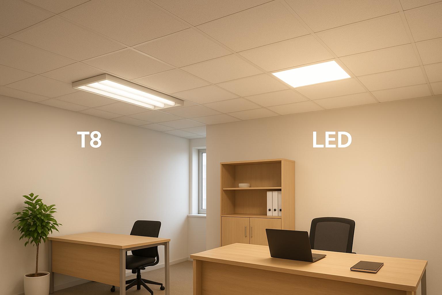 Modern office with T8 and LED lighting, wooden desks, and laptop