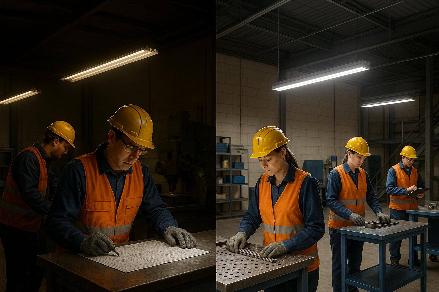 Workers in safety gear examining documents and materials in industrial workspace