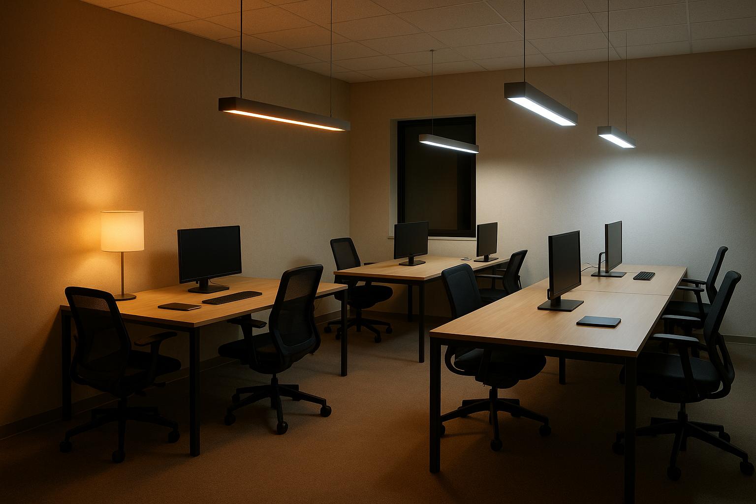 Modern office workspace with computers, chairs, and hanging linear lights