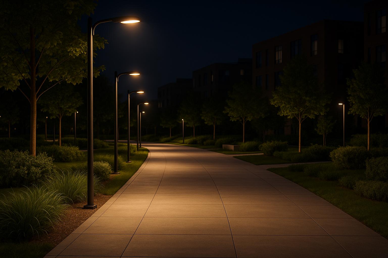 Illuminated walkway at night with streetlamps among trees and buildings
