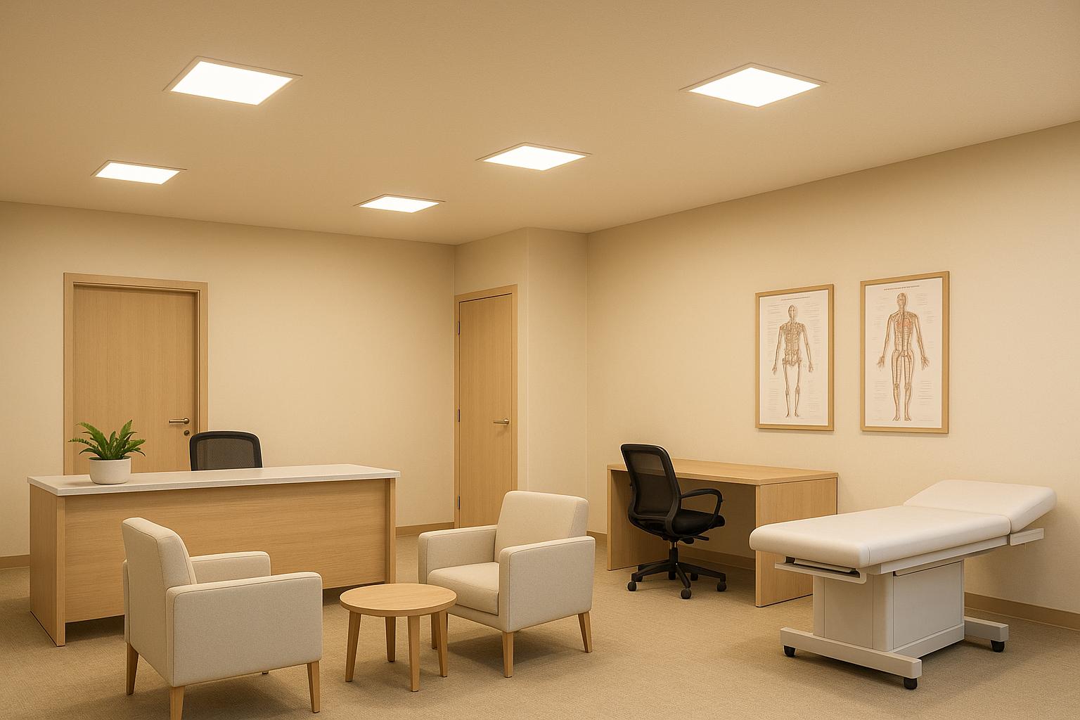 Clean medical office with examination table, chairs, and anatomical posters
