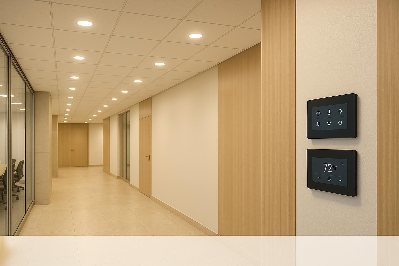 Modern office hallway with smart thermostat and recessed lighting