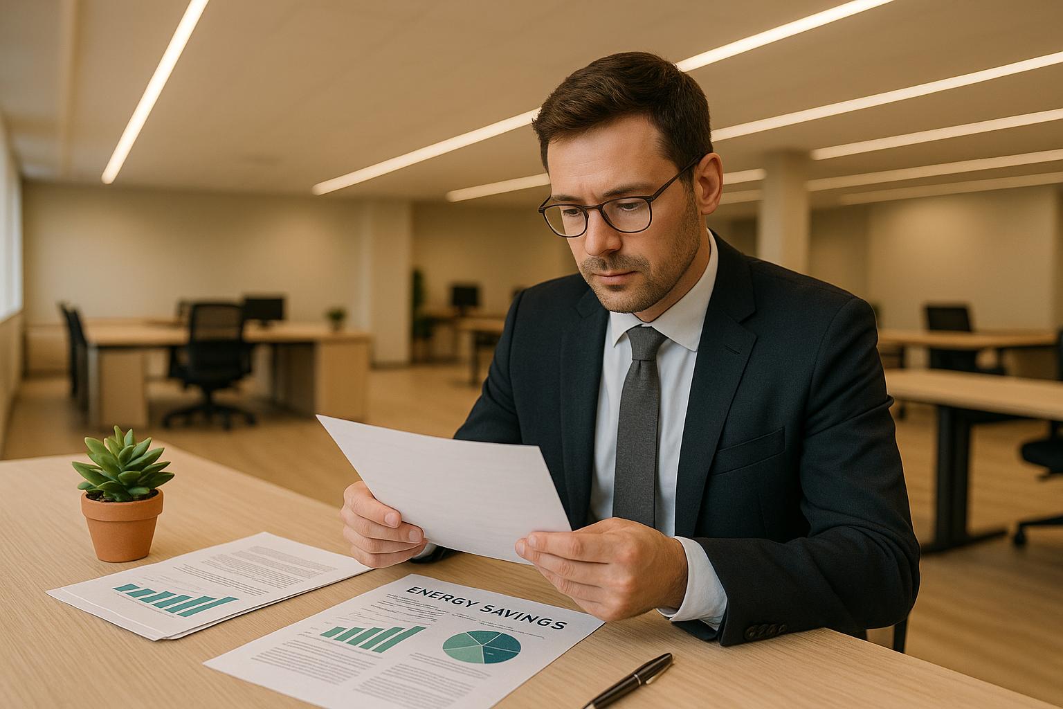 Businessman reviewing energy savings documents in modern office