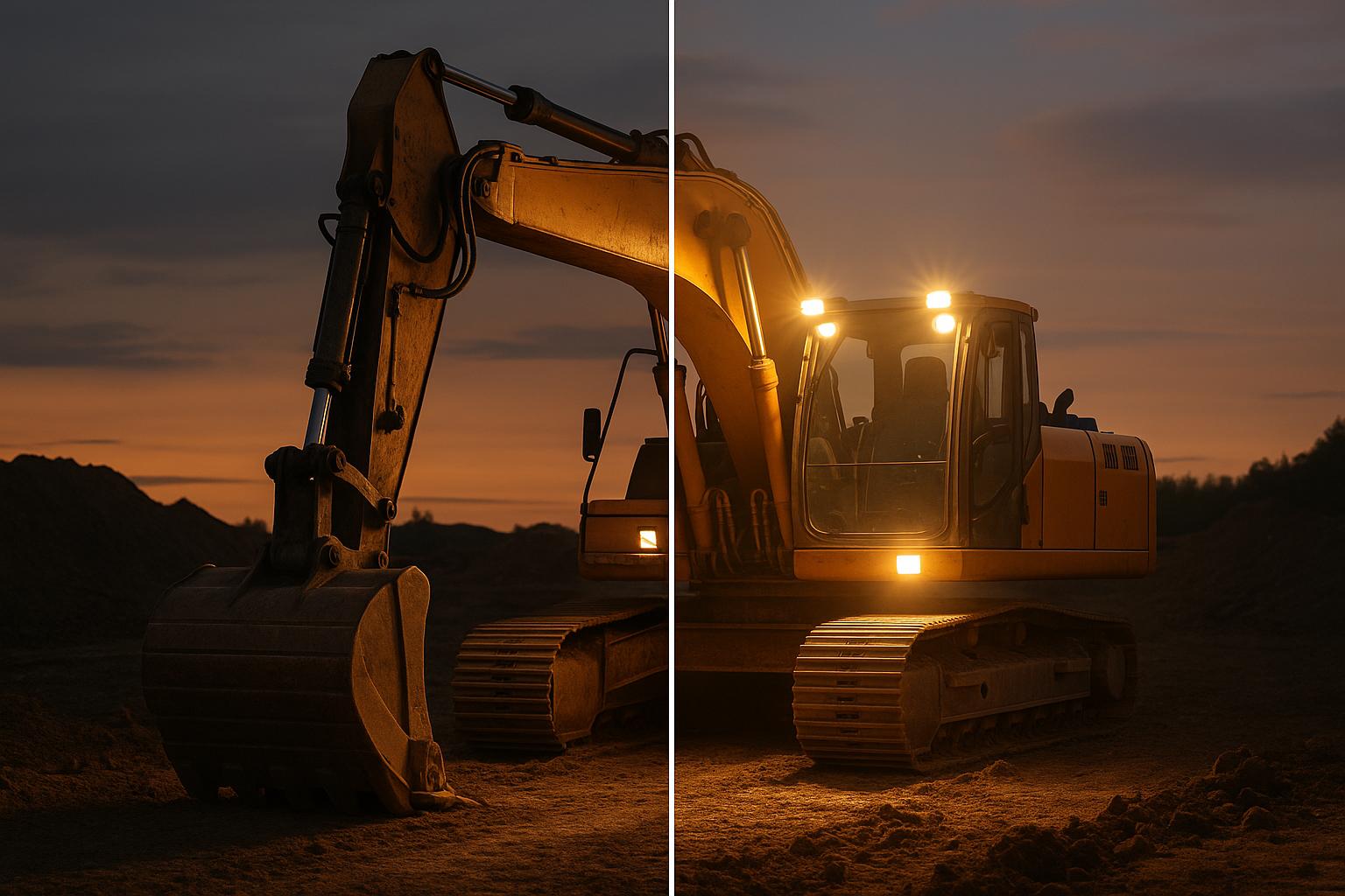 Excavator with headlights on at sunset on construction site