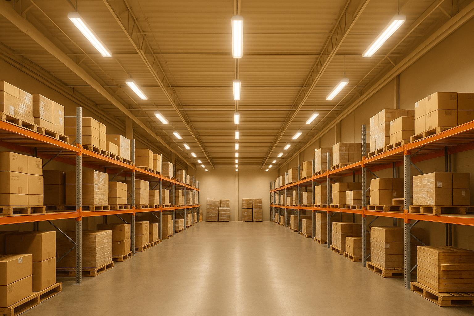 Large warehouse interior with stacked cardboard boxes on orange shelves