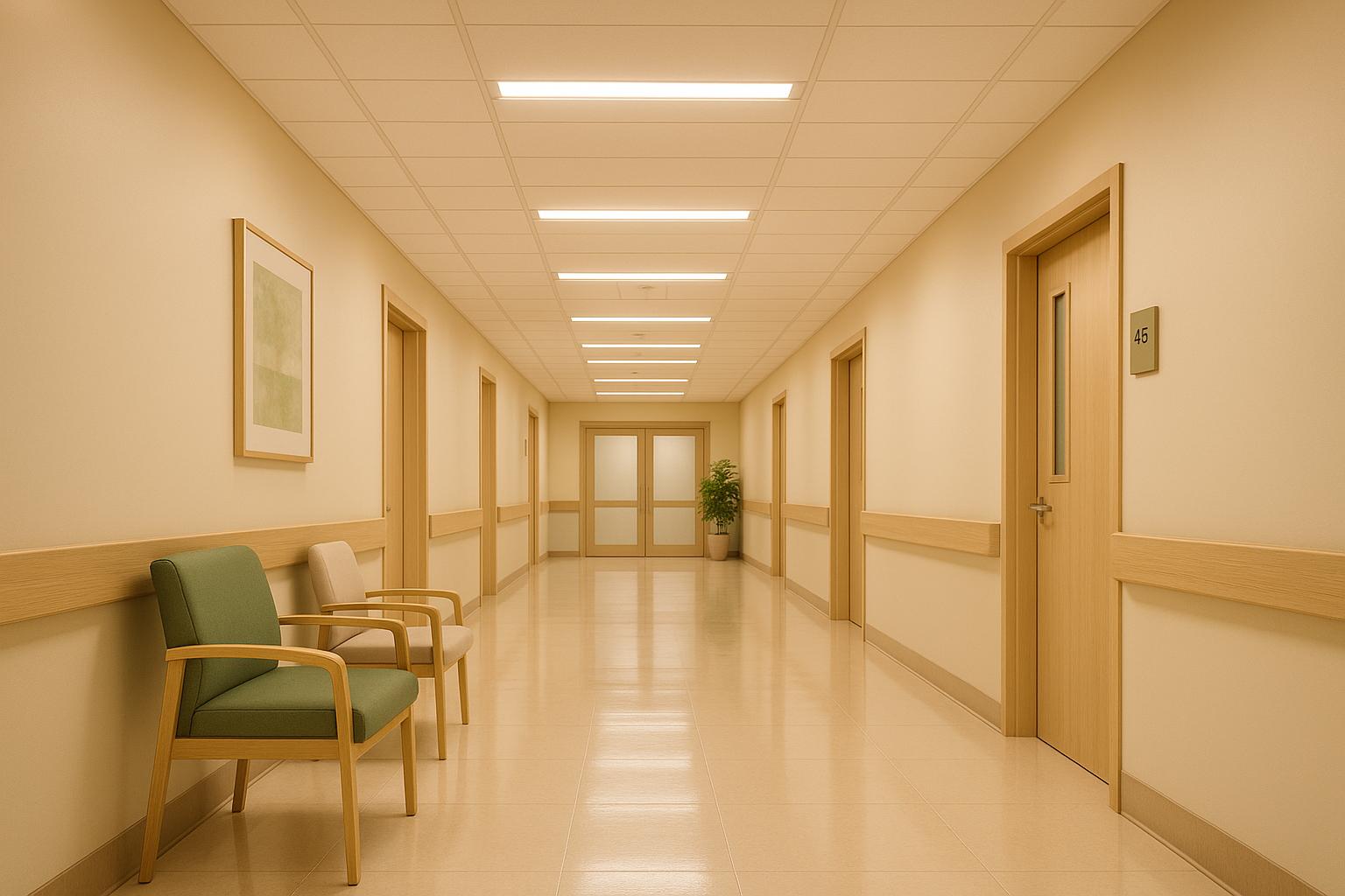 Empty hospital hallway with chairs, doors, and soft warm lighting