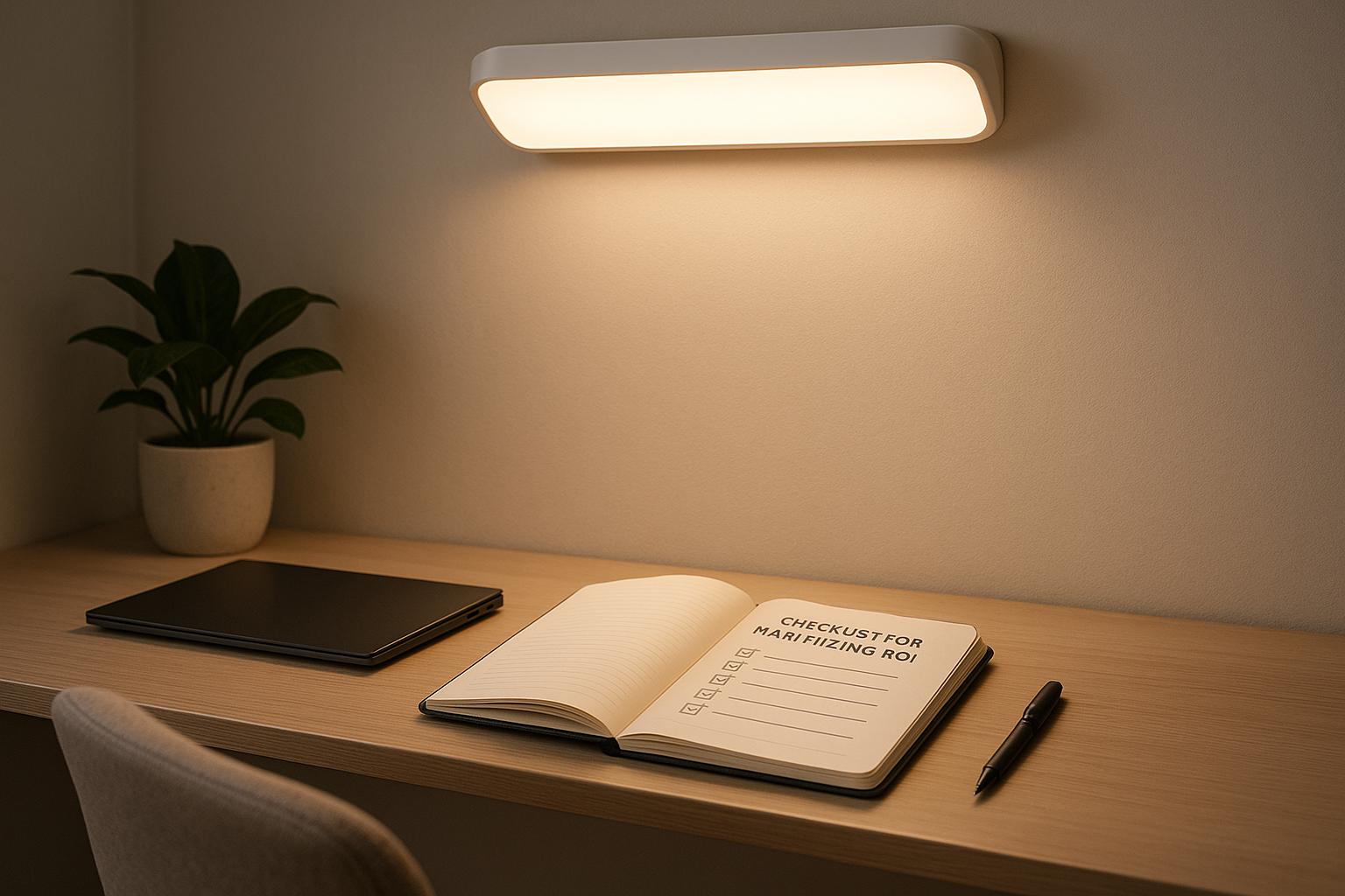 Workspace with open notebook, wall lamp, and plant on wooden desk