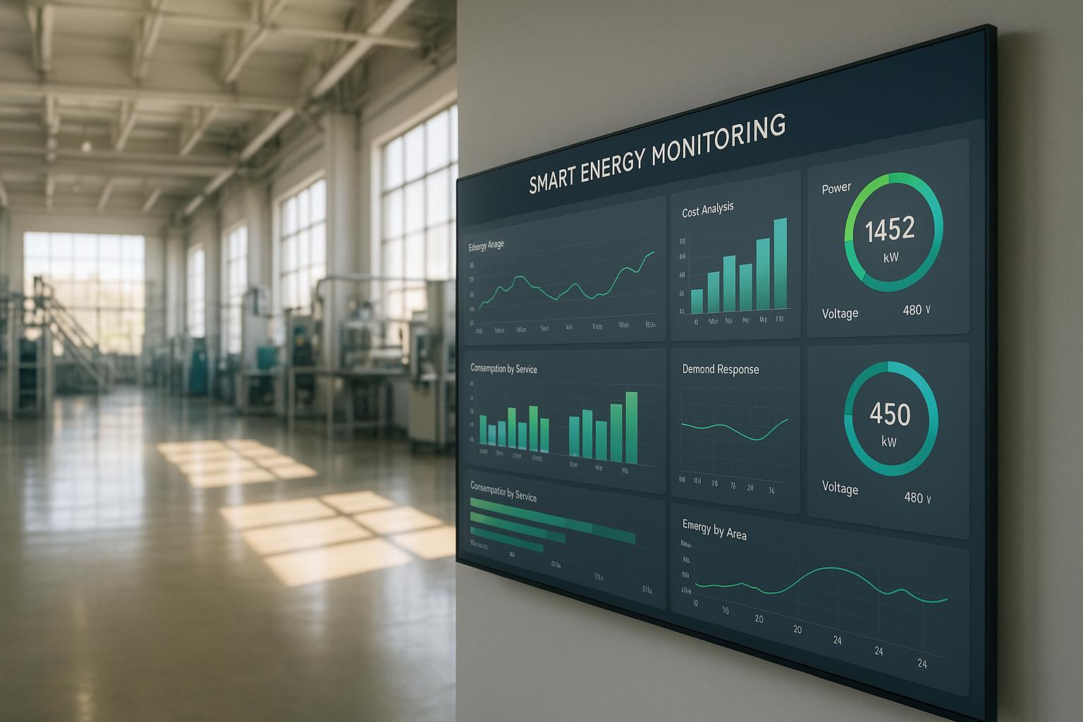 Smart energy monitoring dashboard displaying power, voltage, and consumption graphs