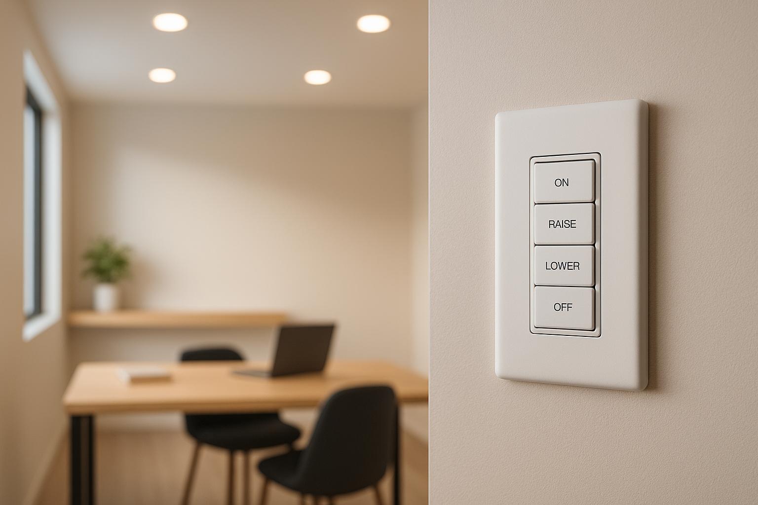 Modern home office with laptop, recessed lights, and smart lighting control panel