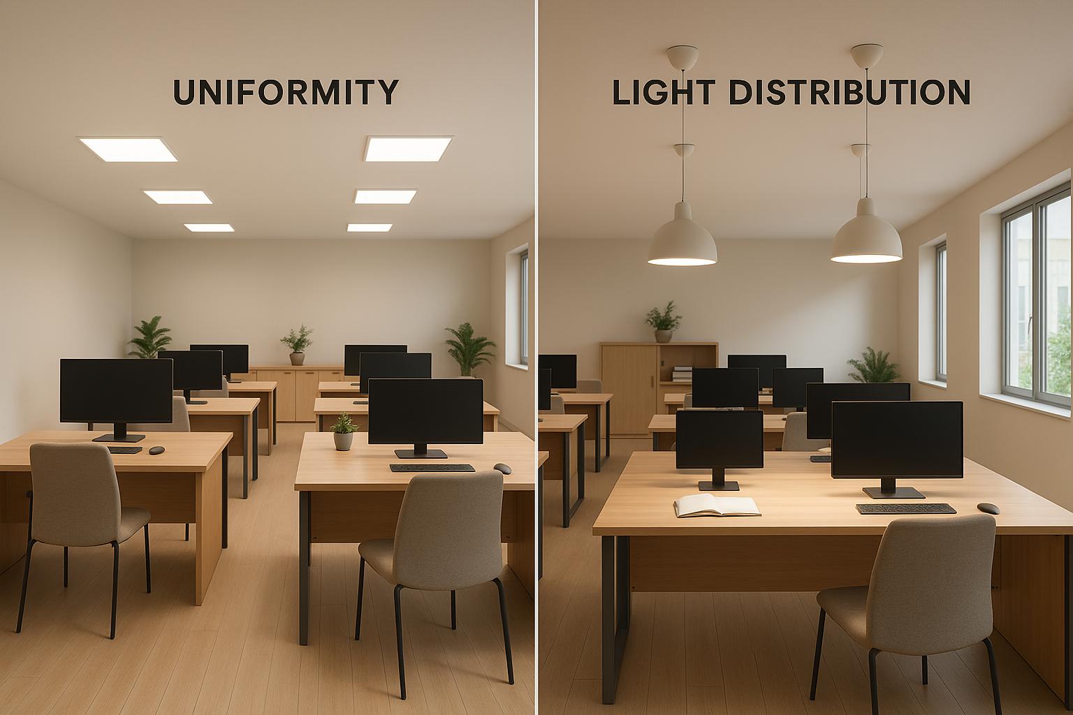 Comparison of uniform ceiling lights versus distributed pendant lights in office