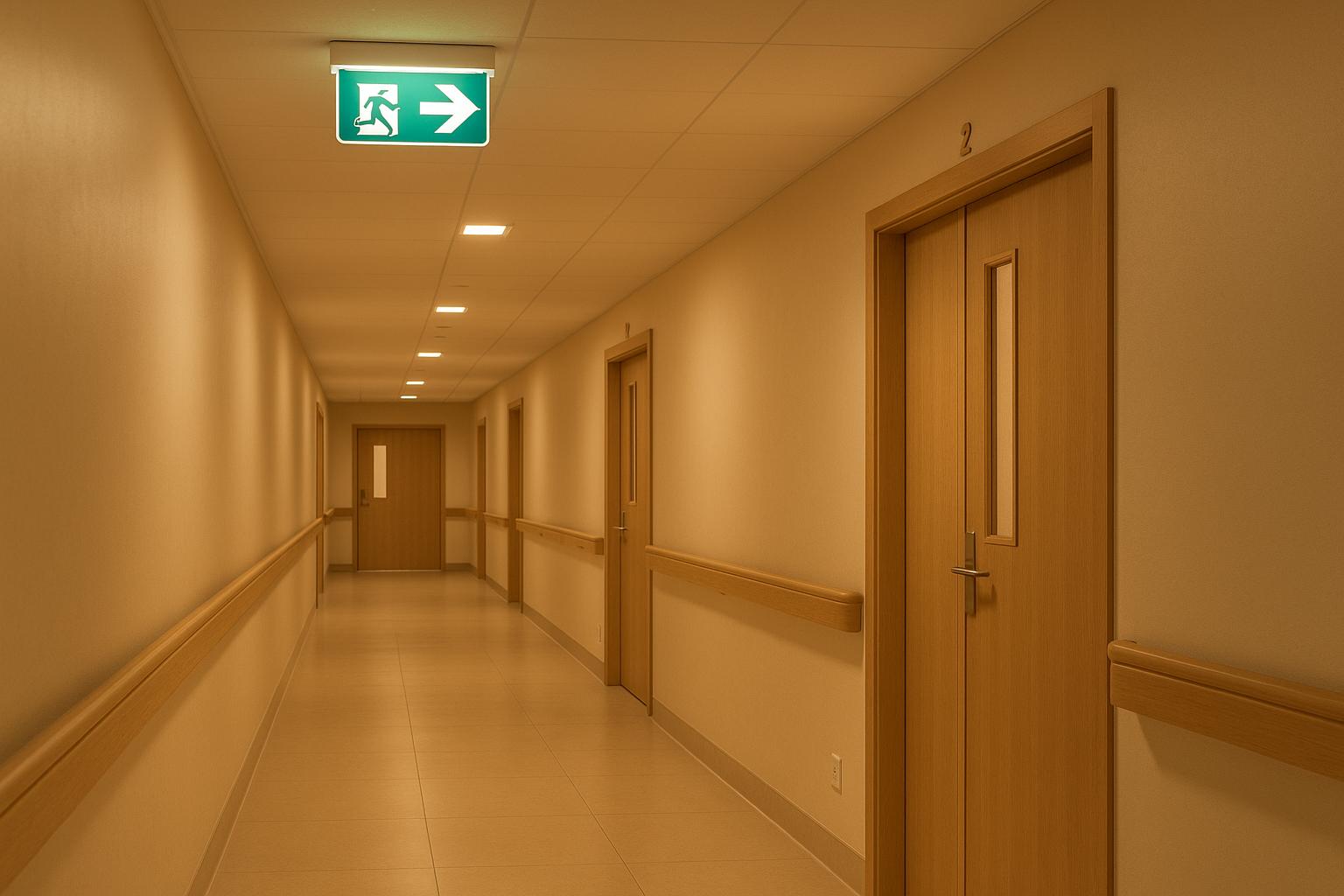 Empty hospital corridor with emergency exit sign and wooden doors