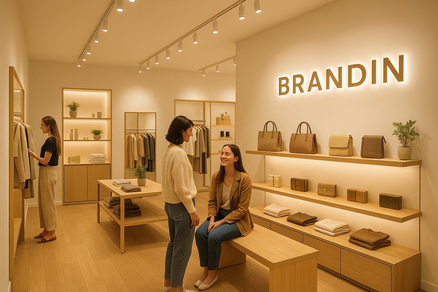 Minimalist Brandin clothing store with warm lighting and neutral tones