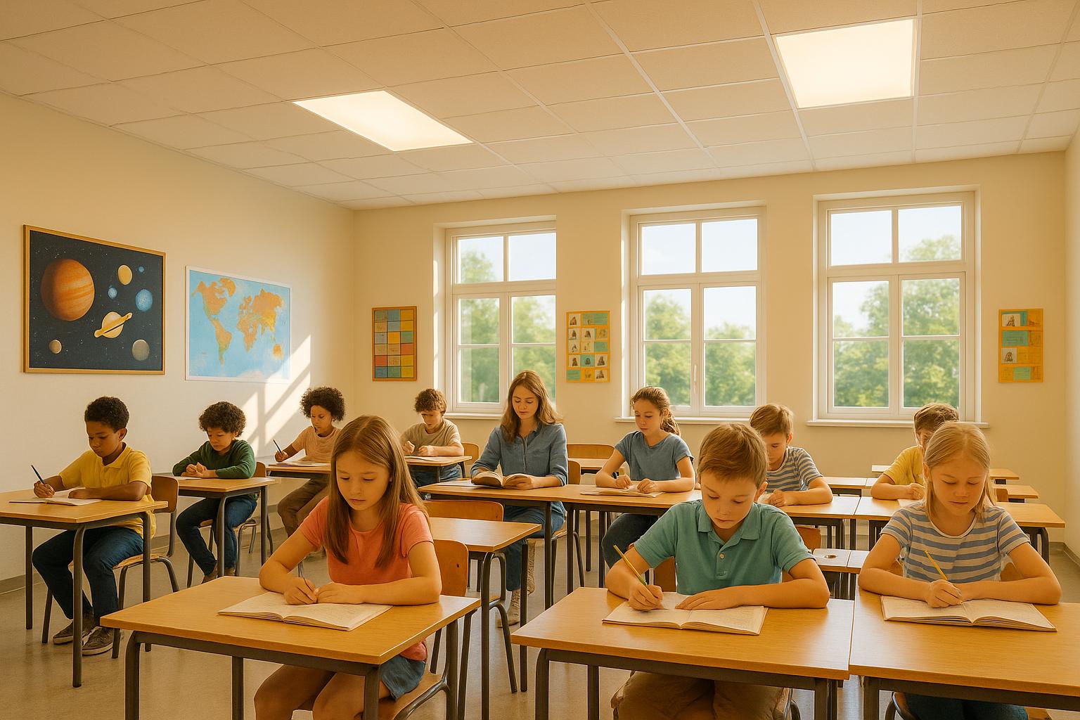 Students studying in a bright classroom with educational posters on walls