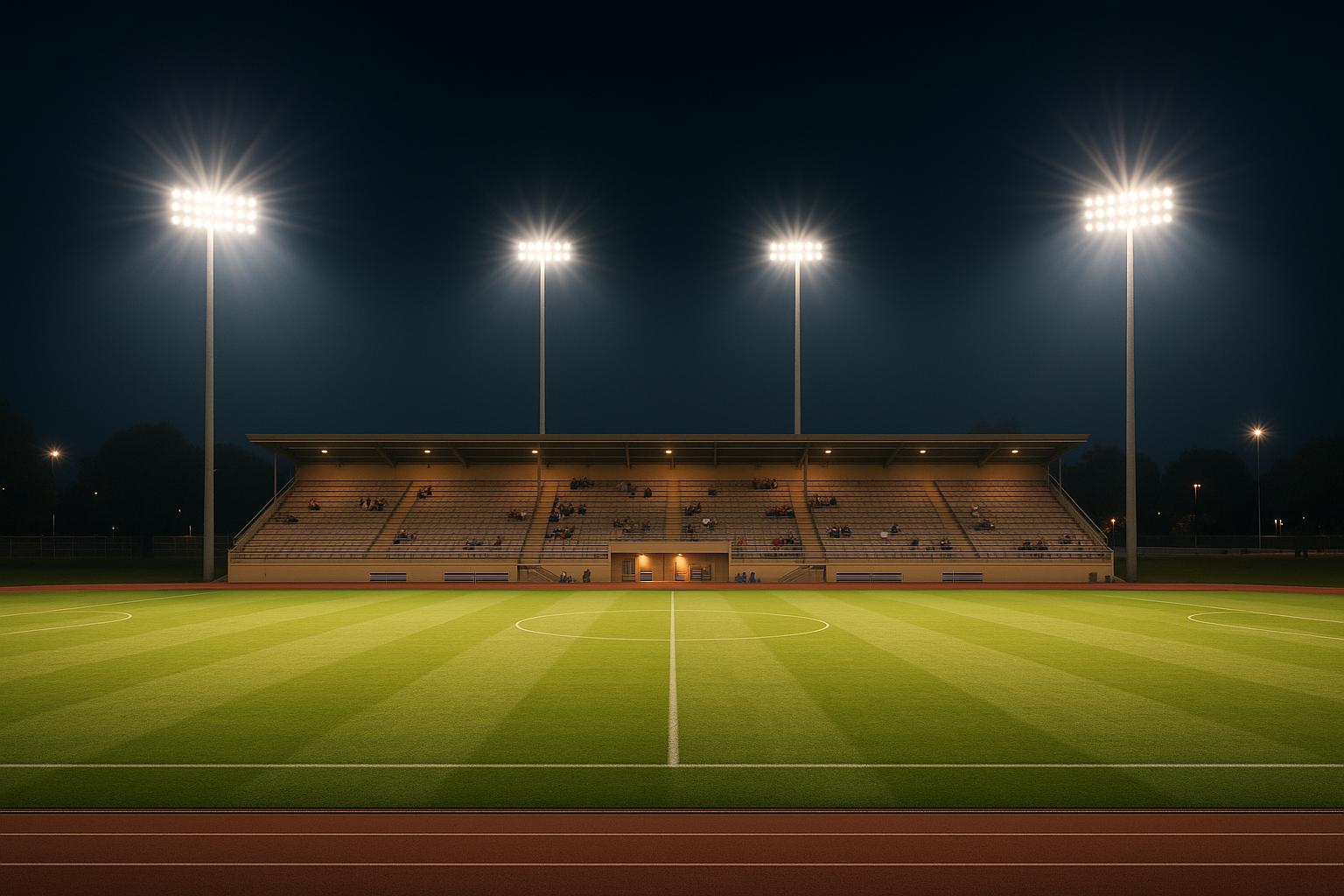 Empty soccer stadium at night with bright floodlights and green playing field