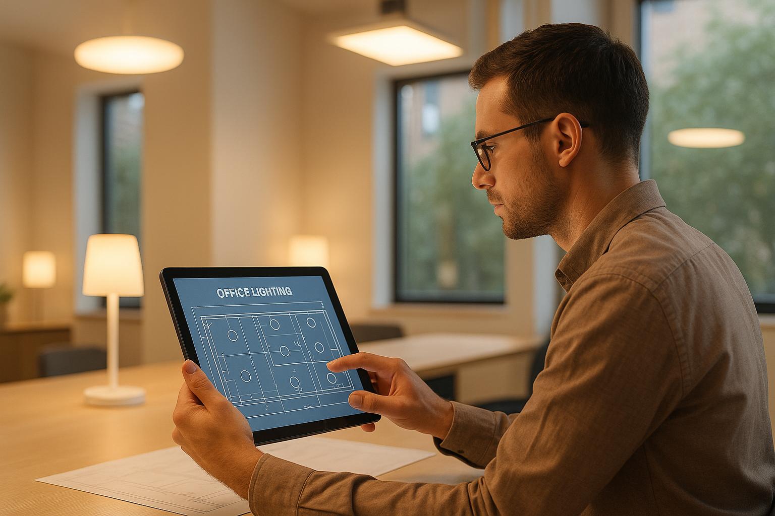 Designer reviewing office lighting blueprint on tablet in modern workspace