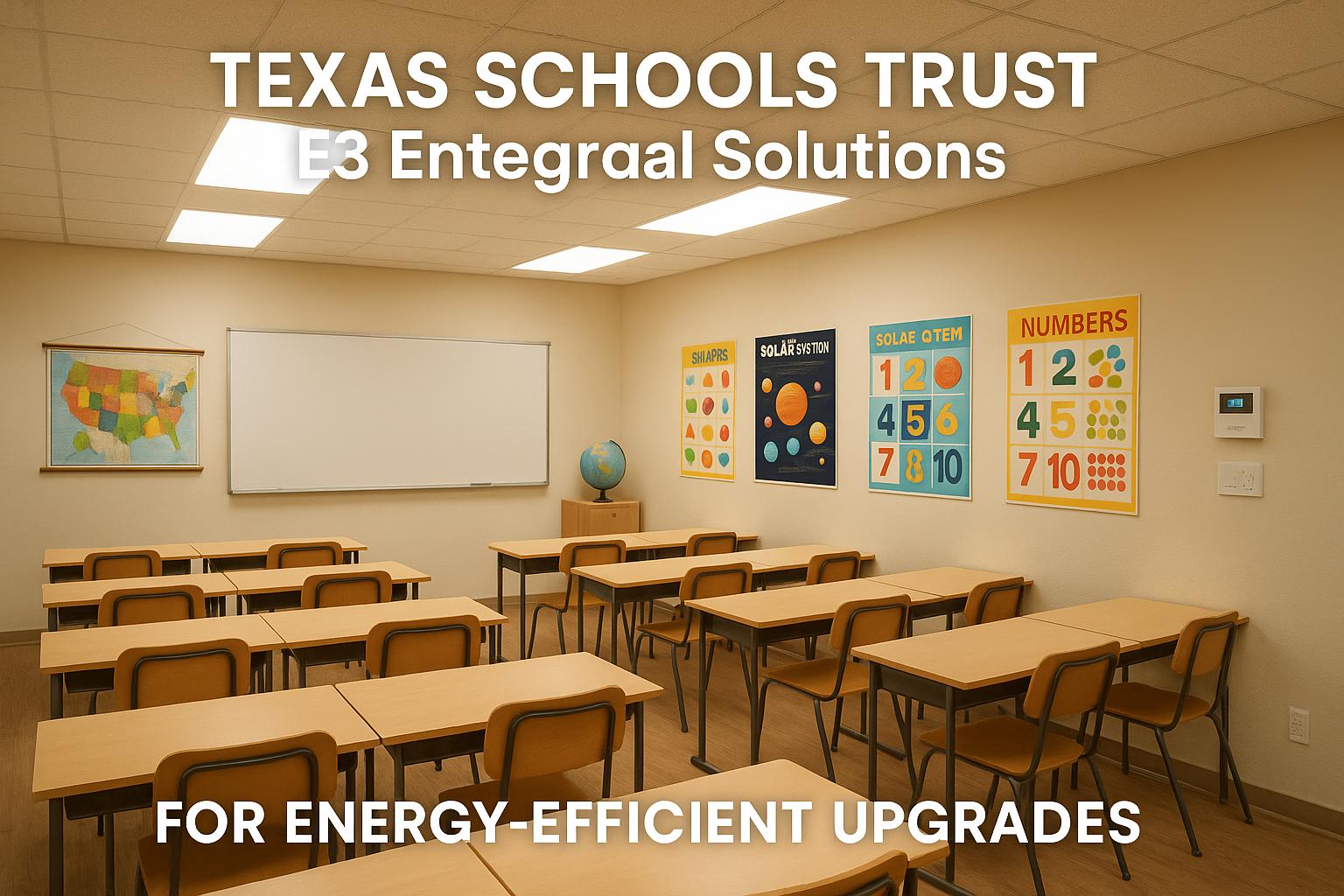 Empty classroom with educational posters showcasing E3 energy-efficient solutions