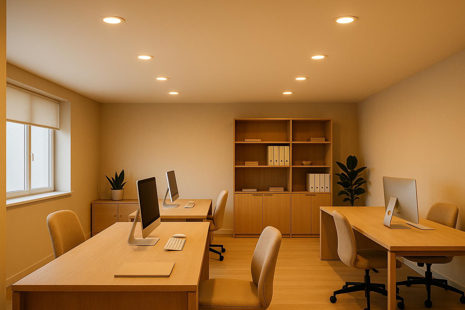 Modern office space with wooden furniture, computers, and warm lighting