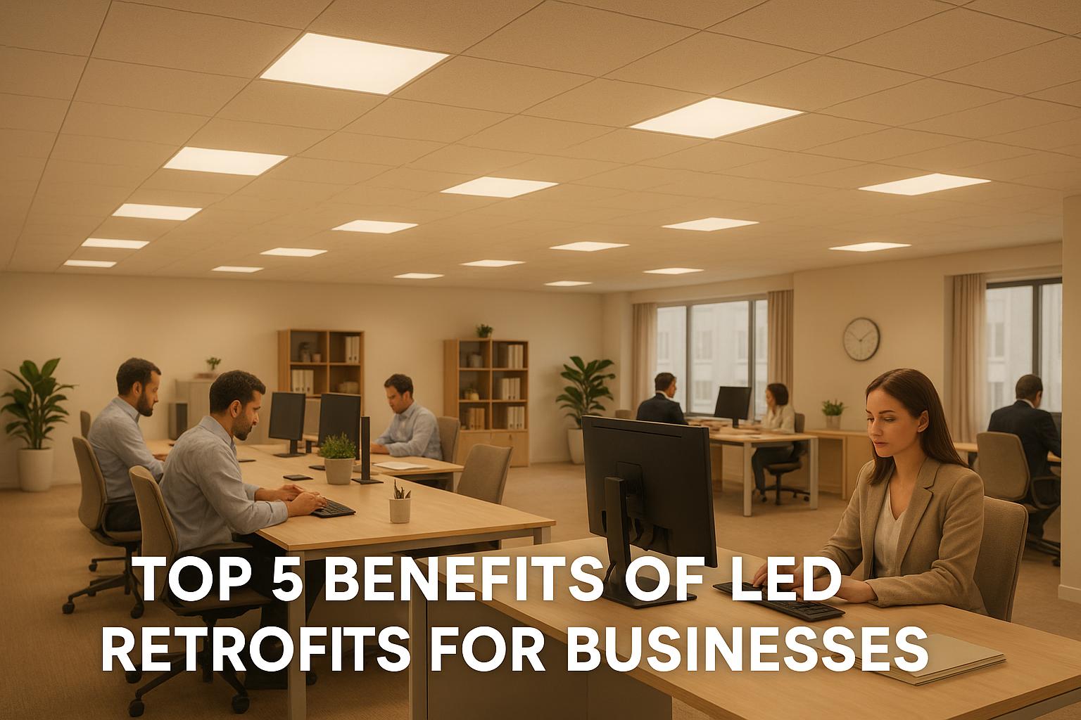 Modern office with employees working under LED lighting