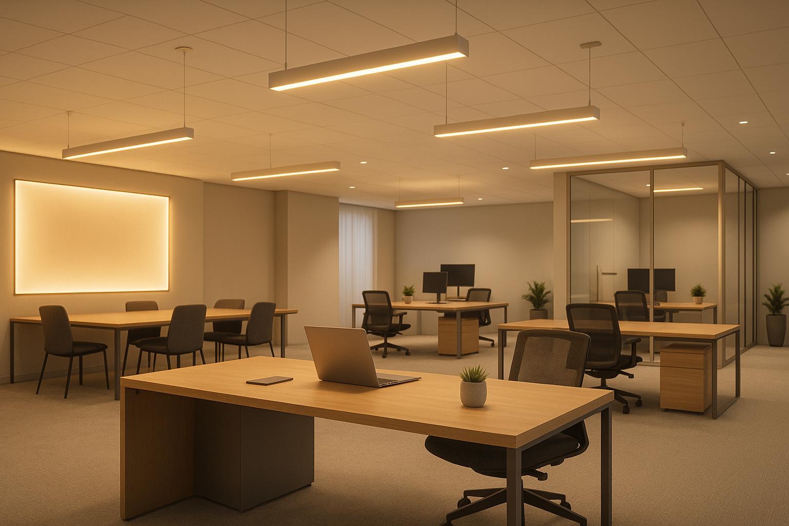 Modern office workspace with wooden desks, chairs, and warm ambient lighting
