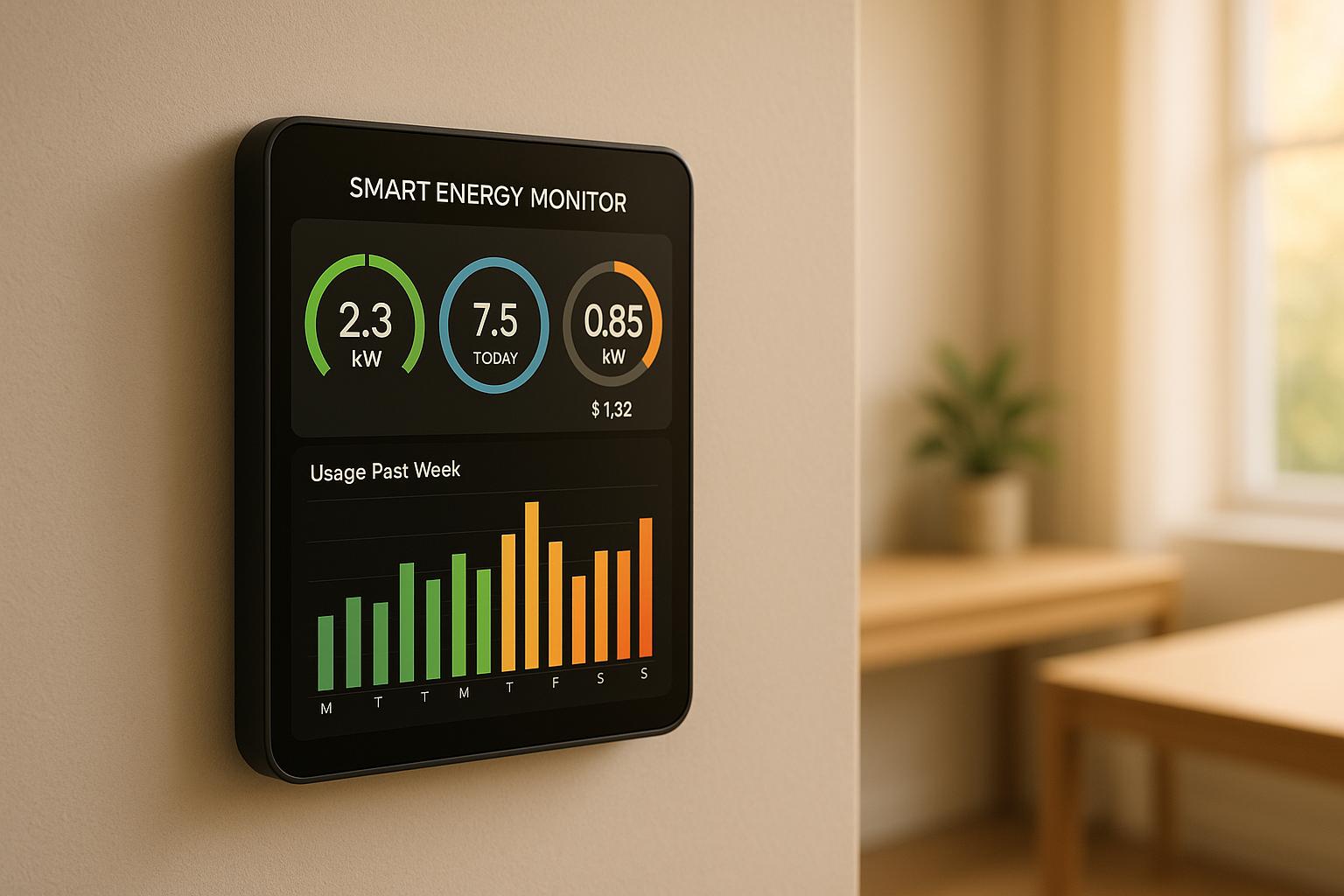Smart energy monitor displaying daily electricity usage and weekly consumption