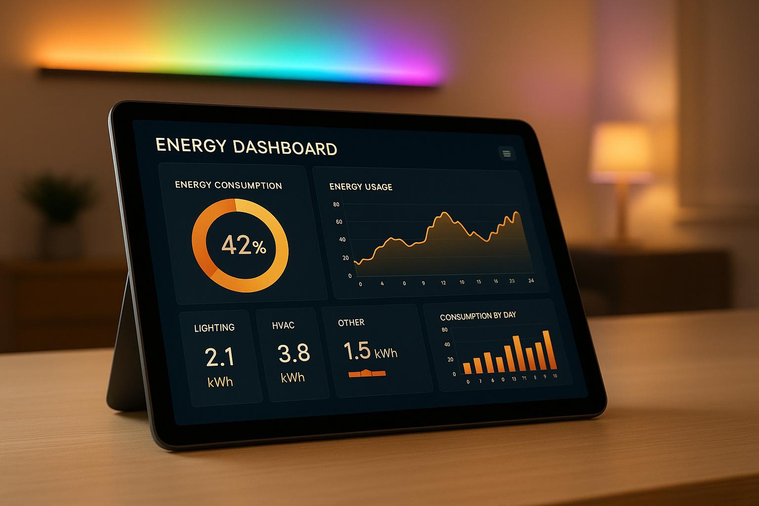 Energy dashboard showing consumption metrics on a tablet with colorful backdrop