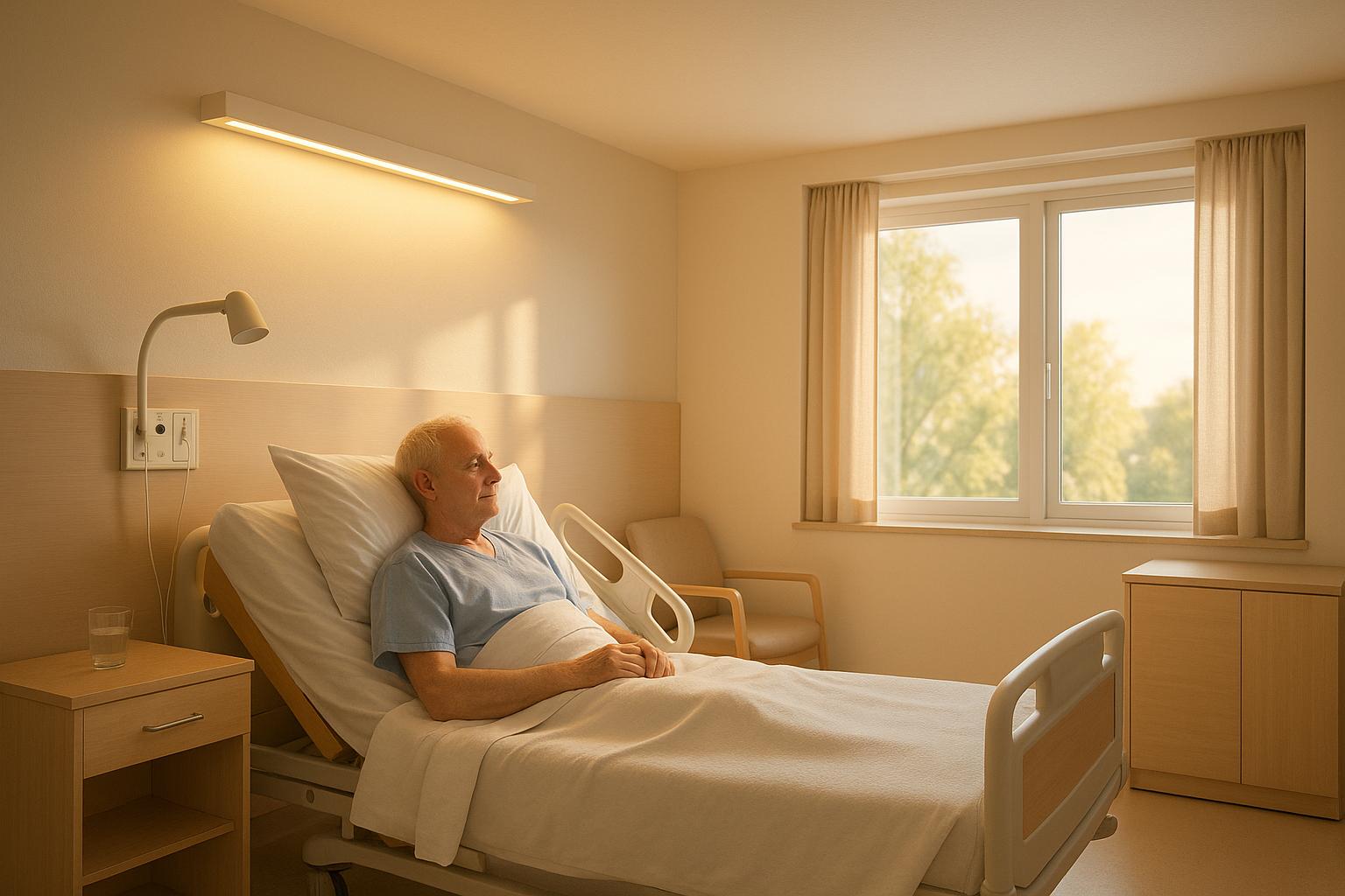 Elderly patient resting in warm-lit hospital room with window view