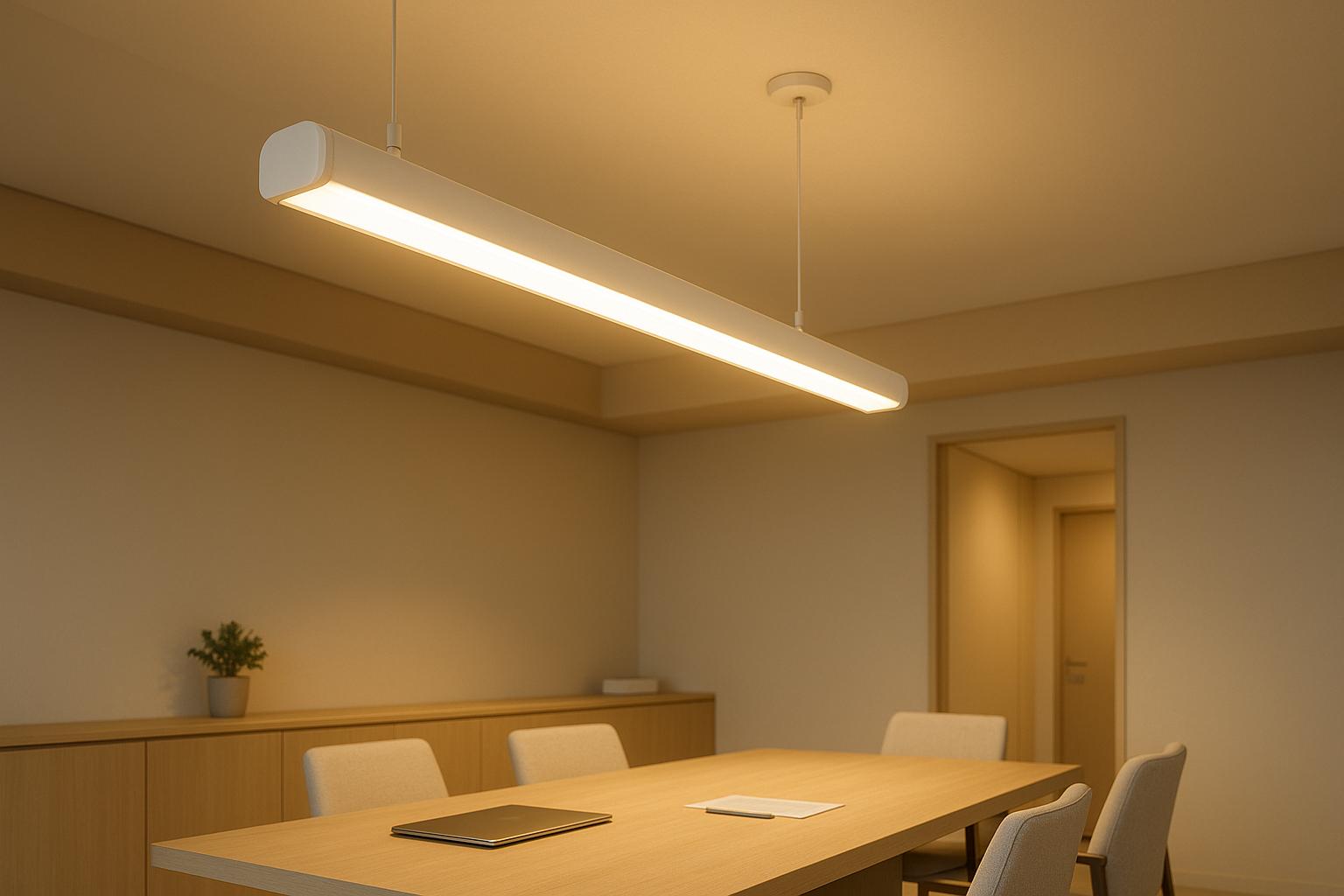 Modern meeting room with long pendant light and wooden conference table