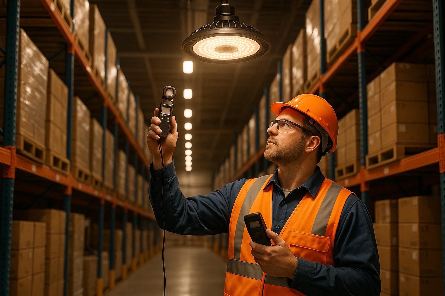 Warehouse worker in safety gear measuring light levels with digital meter
