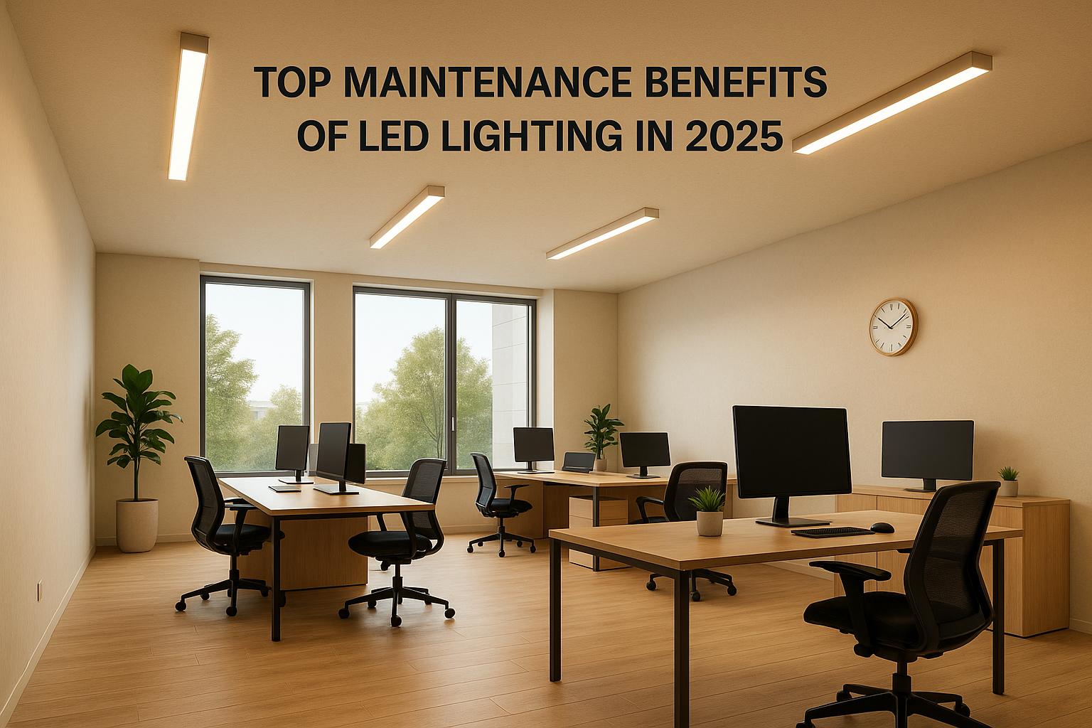 Modern office with LED lighting, workstations, and windows overlooking trees