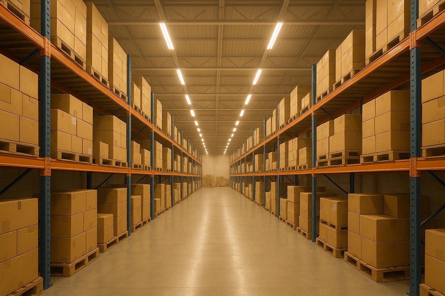 Large warehouse with stacked cardboard boxes on shelves and illuminated aisle