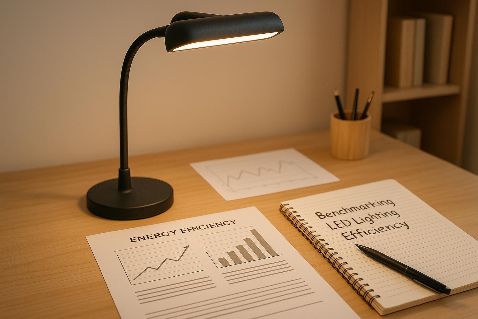 Desk with LED lamp, energy efficiency charts, and notebook