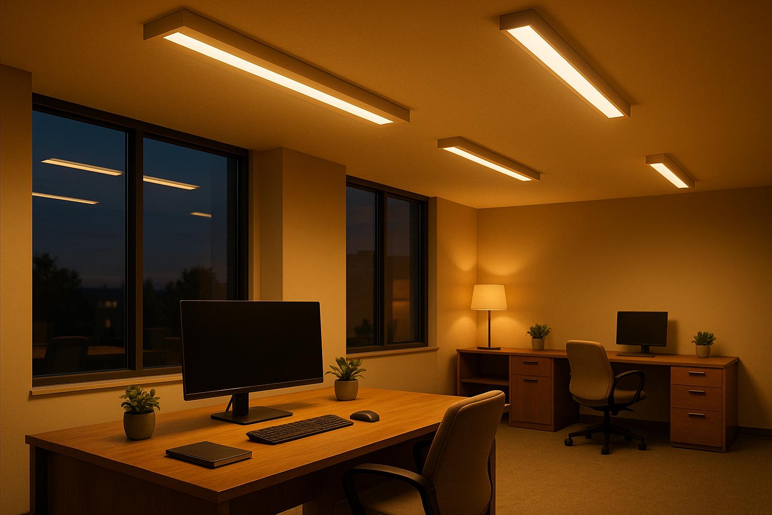 Warm-lit home office with wooden desk, computer, and ceiling lights at night