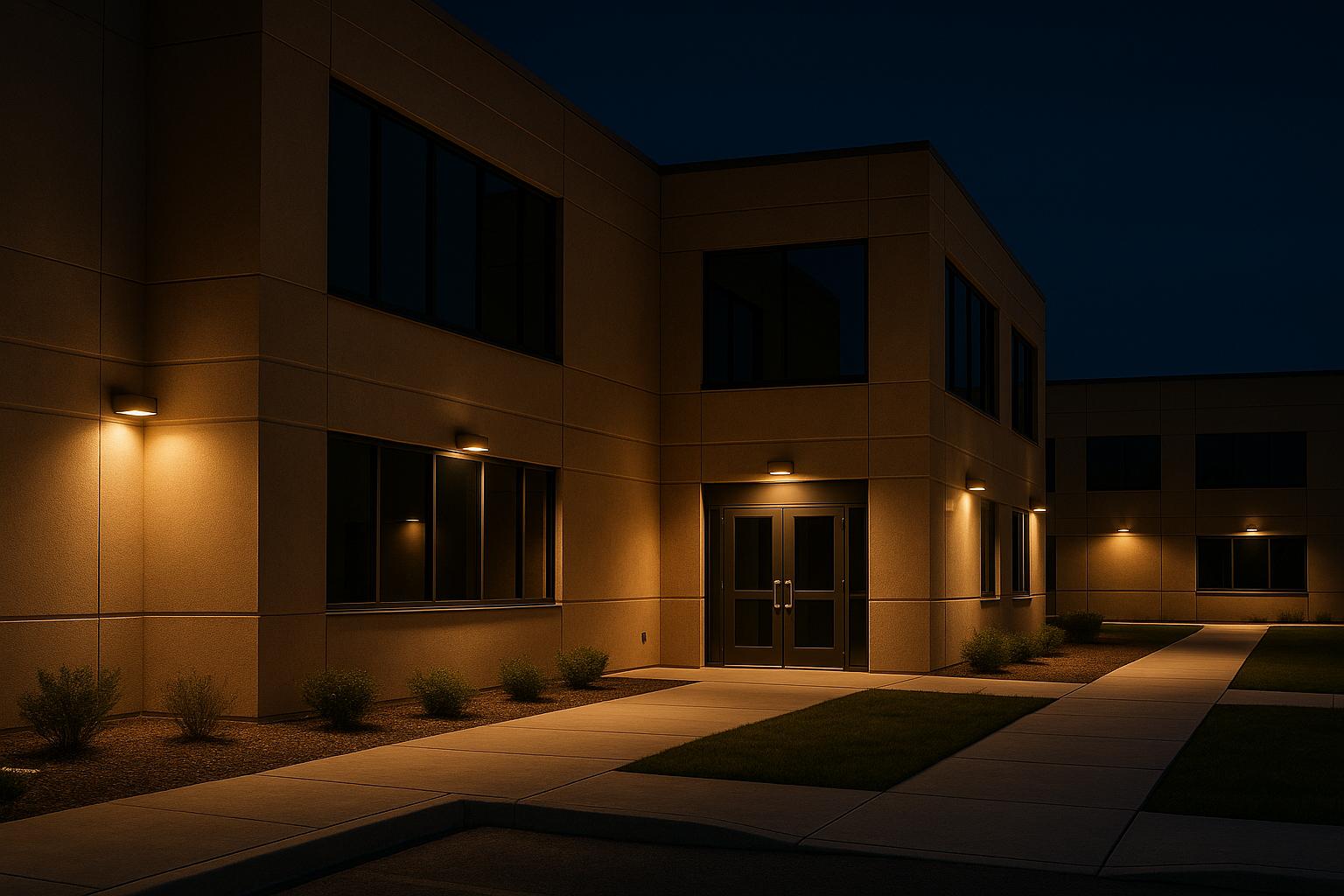 Modern building exterior at night with warm exterior lights and walkway