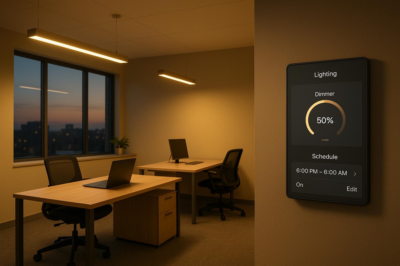 Office workspace with smart lighting control at sunset